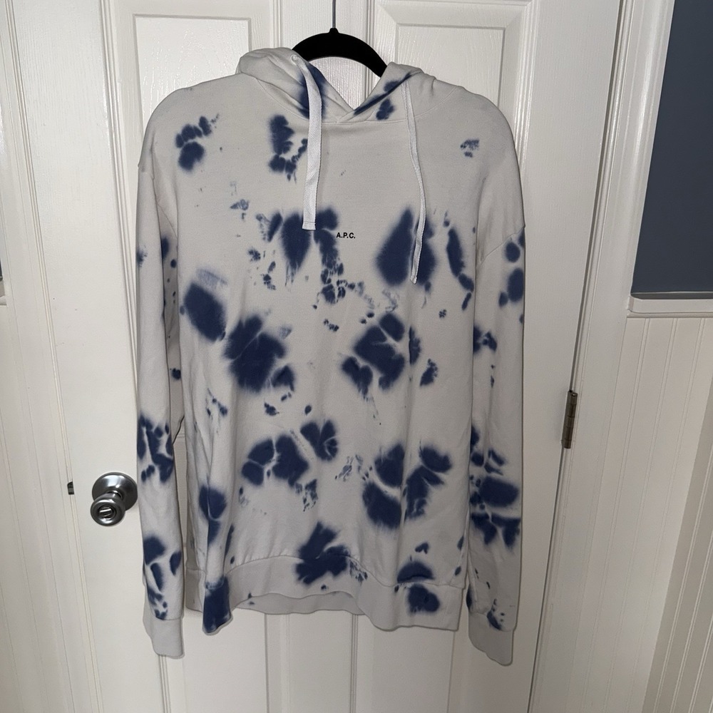 A.P.C. Men's Victor Tie Dye Hoodie White/Indigo Blue Size XL 100% Cotton